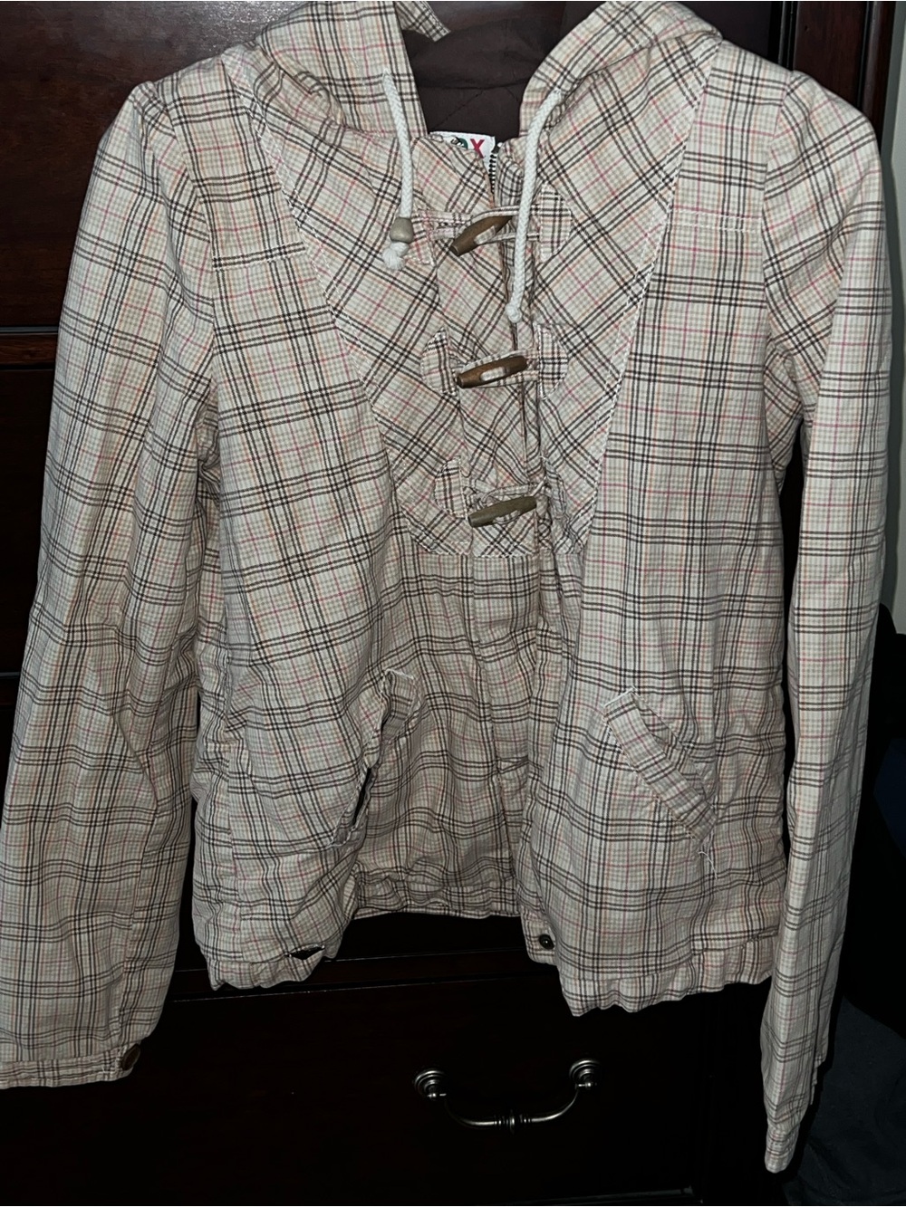 Women's Roxy Plaid Hooded Toggle Jacket - Cream Brown